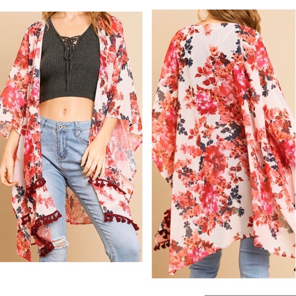 Umgee Other - Floral Print Kimono with Tassel Trim
